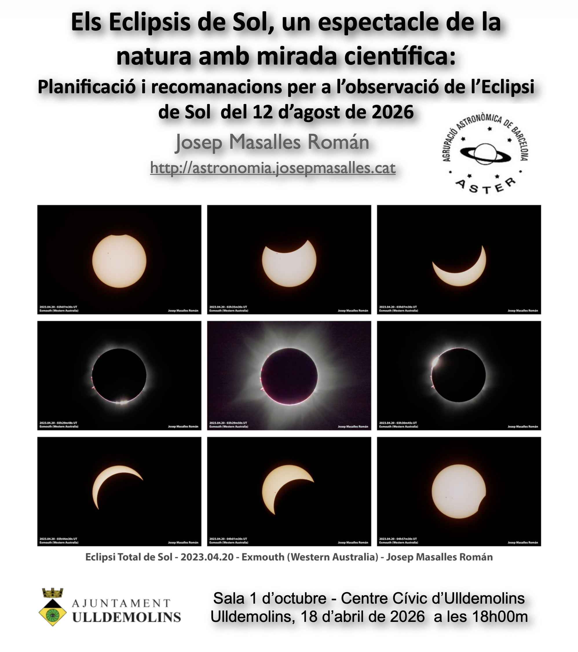 Conferència sobre els eclipsis de sol. “Els Eclipsis de Sol, un espectacle de la natura amb mirada científica: Planificació i recomanacions per a l’observació de l’eclipsi de sol del 12 d’agost de 2026.”
