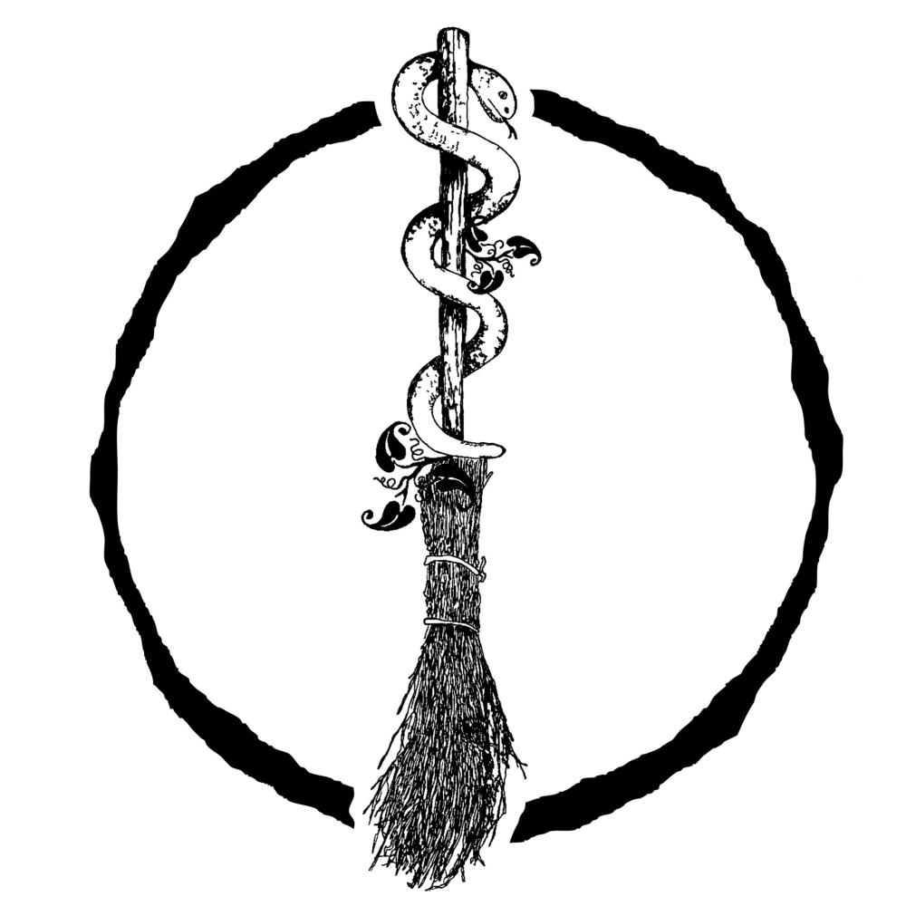 una serp enrotllada en una escombra de bruc, emmarcada per un cercle
