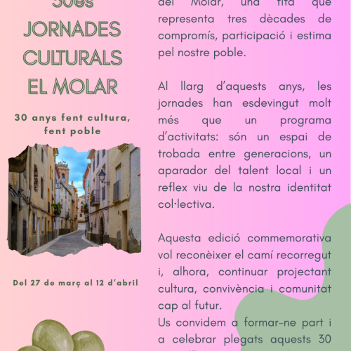 XXX JORNADES CULTURALS - El Molar - 27 de març al 12 d’abril 2026 