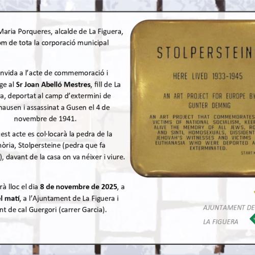 Col·locació de la pedra de la memòria, Stolpersteine, a LA FIGUERA, en homenatge al Sr Joan Abelló Mestres